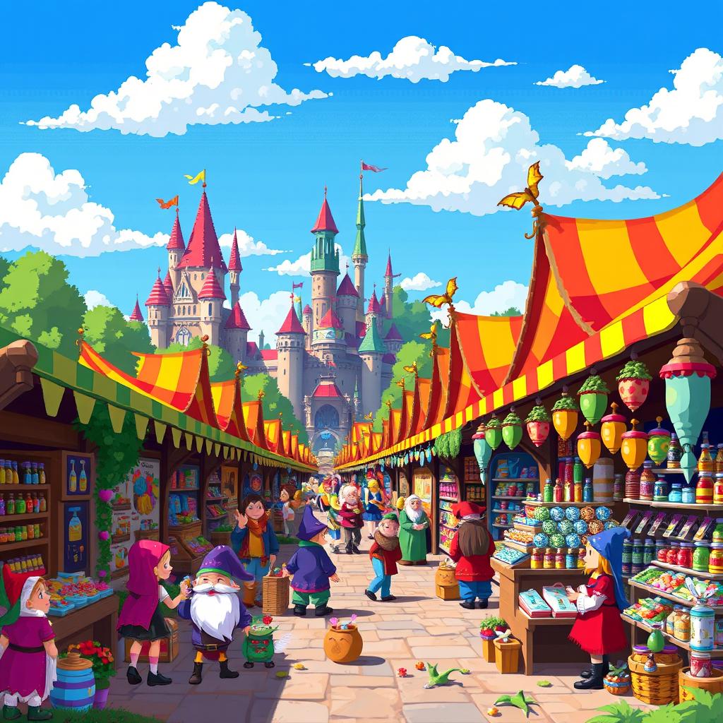 A vibrant pixel art scene depicting a bustling fantasy marketplace, filled with colorful stalls selling various magical goods