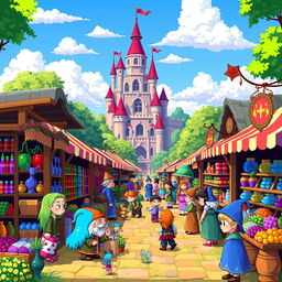 A vibrant pixel art scene depicting a bustling fantasy marketplace, filled with colorful stalls selling various magical goods
