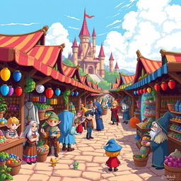 A vibrant pixel art scene depicting a bustling fantasy marketplace, filled with colorful stalls selling various magical goods