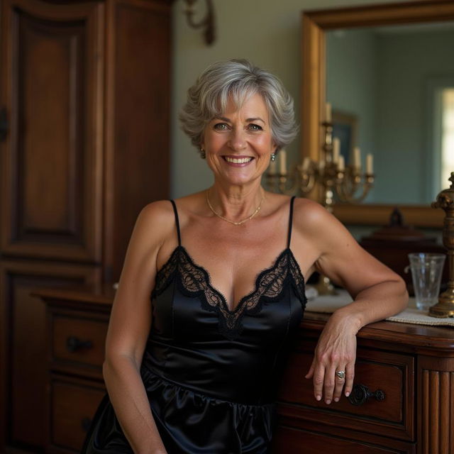 A confident woman with short, silver hair and prominent wrinkles smiles warmly as she leans gracefully against a grand wooden dresser, dressed in a classic black lace slip that elegantly highlights her curvy figure