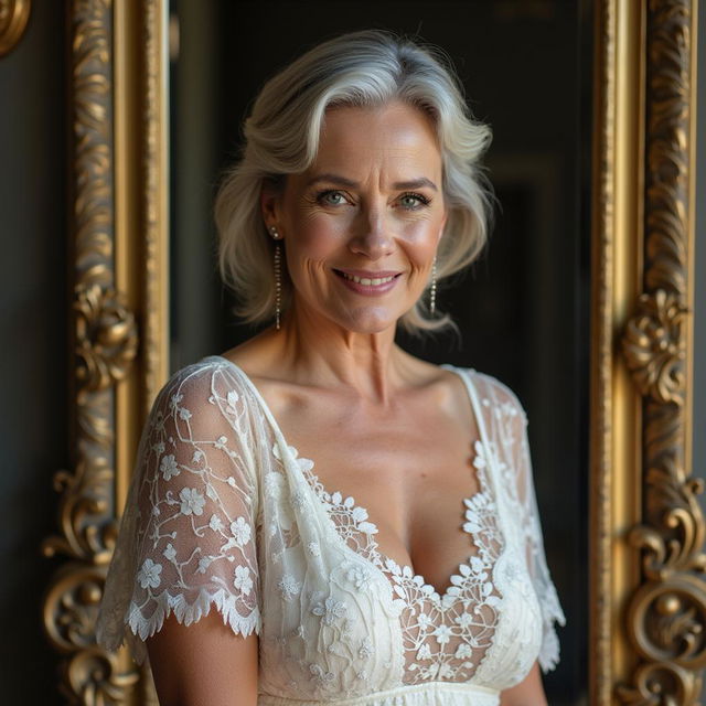 A woman in her mid-60s poses gracefully by a grand antique mirror, dressed in ethereal sheer white lace that artfully highlights her curvy form