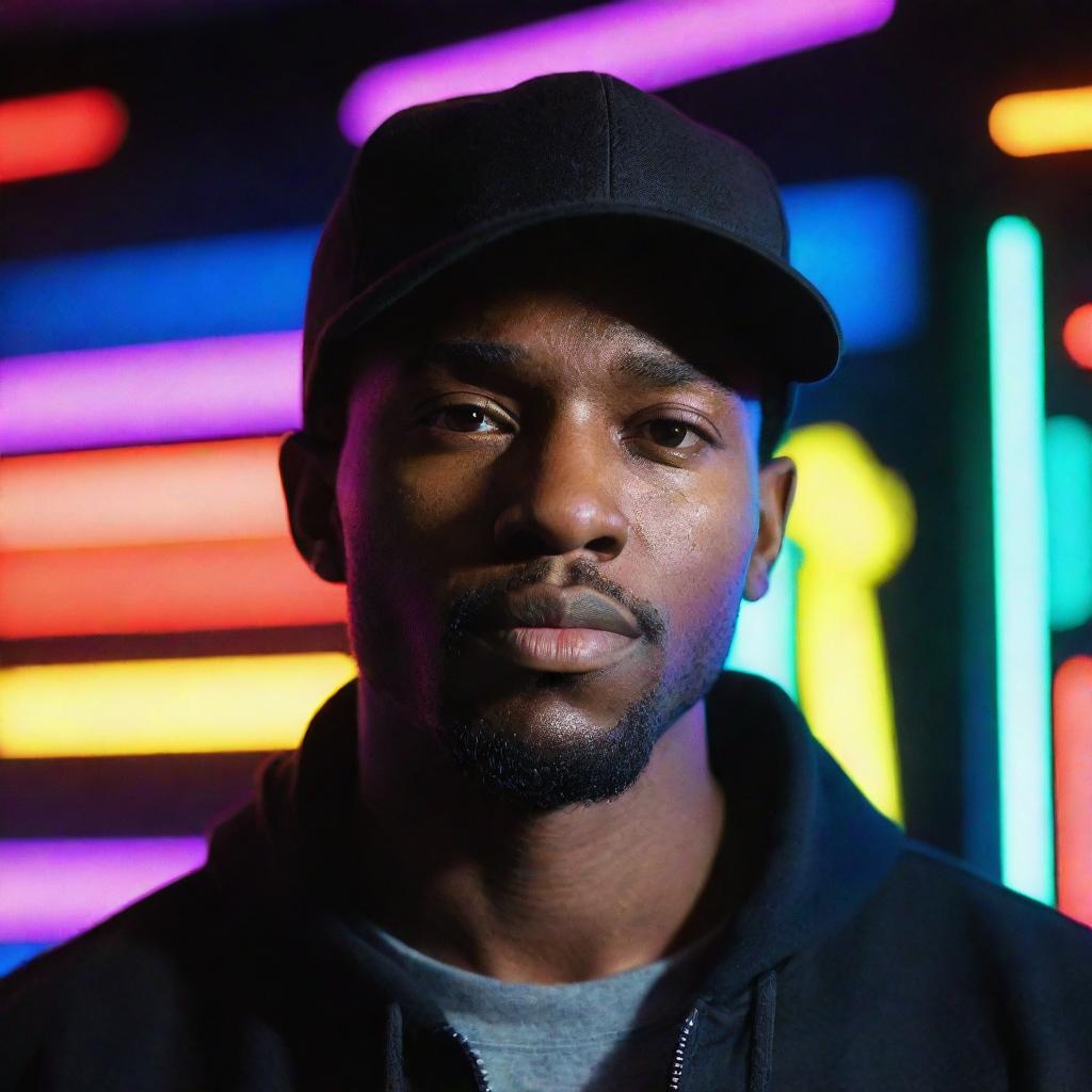 A full view portrait of a black man wearing a plain black cap, backlit by vibrant neon lights.