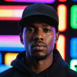 A full view portrait of a black man wearing a plain black cap, backlit by vibrant neon lights.