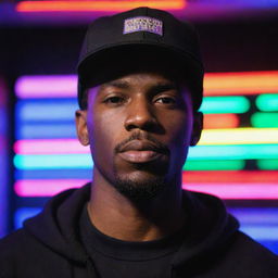 A full view portrait of a black man wearing a plain black cap, backlit by vibrant neon lights.