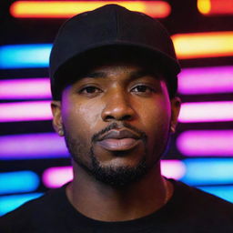 A full view portrait of a black man wearing a plain black cap, backlit by vibrant neon lights.