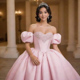 Image of a pale Filipina, medium-sized woman in a full off-shoulder gown with puffy sleeves. This perfect pink gown is a modernized fusion of Charlotte's dress from Princess and the Frog and Bridgerton styles, with a corset-like top suited for prom.