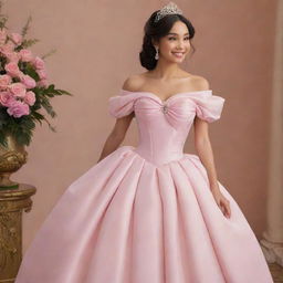 Image of a pale Filipina, medium-sized woman in a full off-shoulder gown with puffy sleeves. This perfect pink gown is a modernized fusion of Charlotte's dress from Princess and the Frog and Bridgerton styles, with a corset-like top suited for prom.