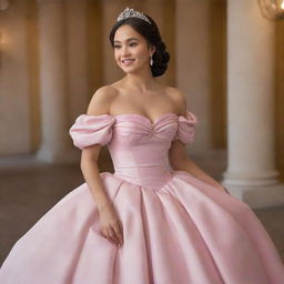 Image of a pale Filipina, medium-sized woman in a full off-shoulder gown with puffy sleeves. This perfect pink gown is a modernized fusion of Charlotte's dress from Princess and the Frog and Bridgerton styles, with a corset-like top suited for prom.