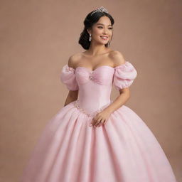 Image of a pale Filipina, medium-sized woman in a full off-shoulder gown with puffy sleeves. This perfect pink gown is a modernized fusion of Charlotte's dress from Princess and the Frog and Bridgerton styles, with a corset-like top suited for prom.