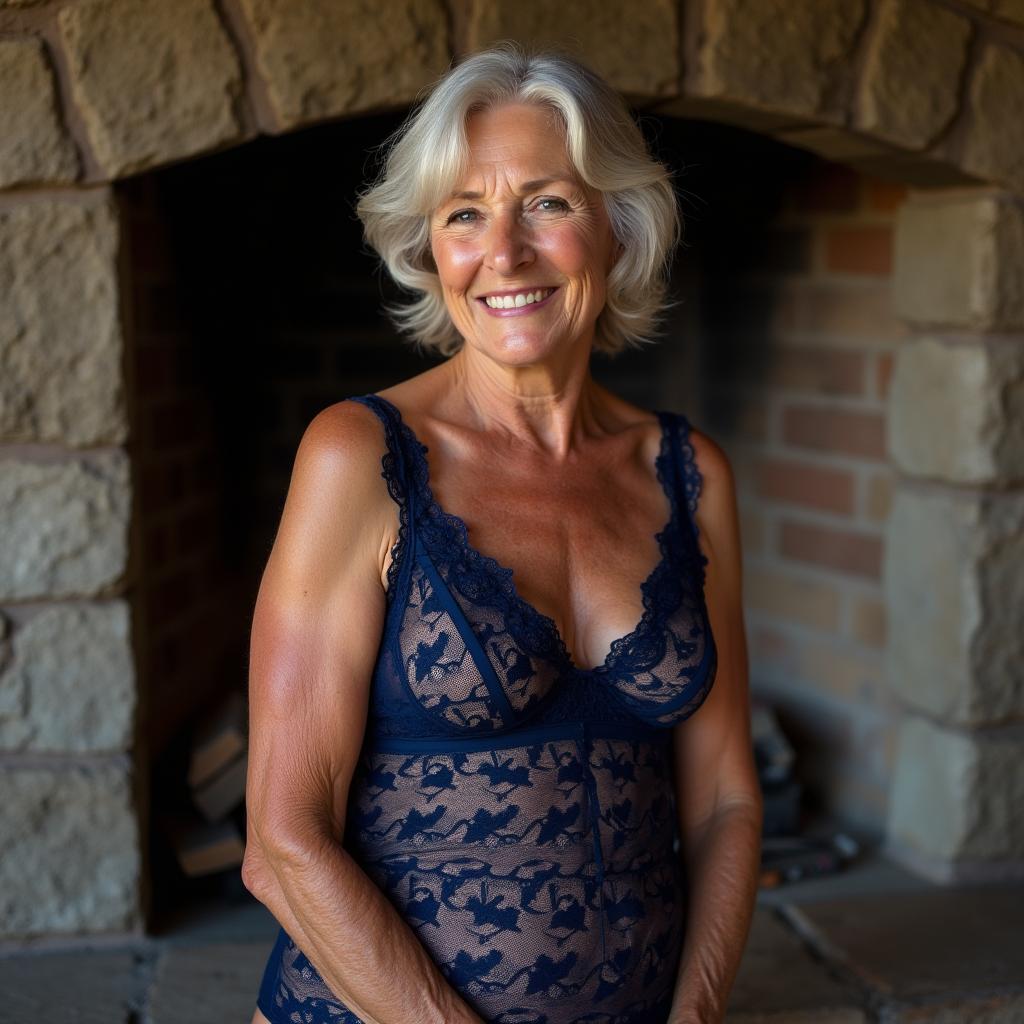 A confident woman in her late 60s leans gracefully against a rustic stone fireplace, dressed in striking dark blue lace lingerie that beautifully accentuates her curvy figure