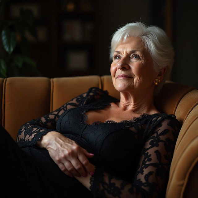 A graceful woman in her 60s with short, white hair reclines elegantly on a plush couch, dressed in exquisite delicate black lace that beautifully outlines her curvy figure