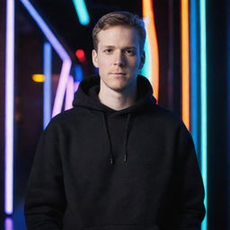 A full view of a white man wearing a black sweatshirt, standing against a mesmerizing background of neon lights.