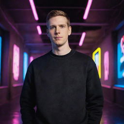 A full view of a white man wearing a black sweatshirt, standing against a mesmerizing background of neon lights.