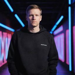 A full view of a white man wearing a black sweatshirt, standing against a mesmerizing background of neon lights.