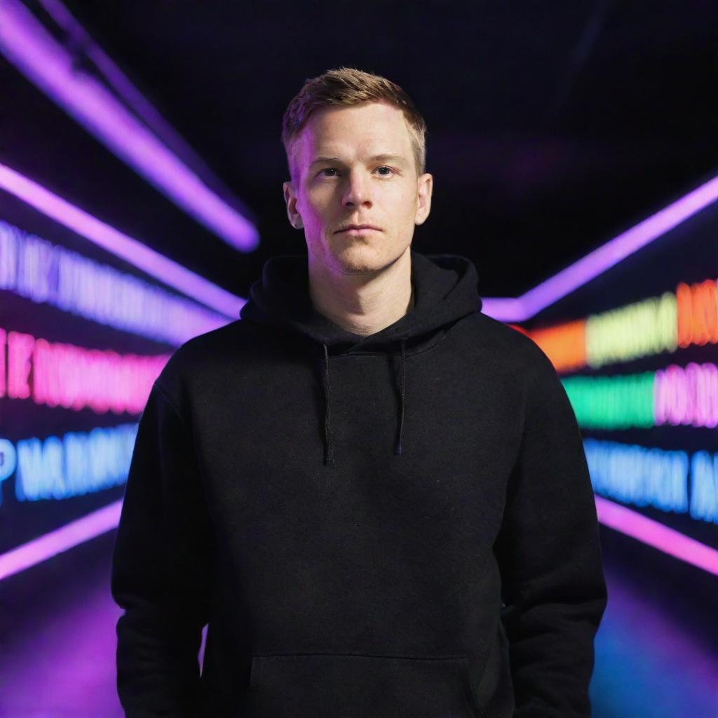 A full view of a white man wearing a black sweatshirt, standing against a mesmerizing background of neon lights.