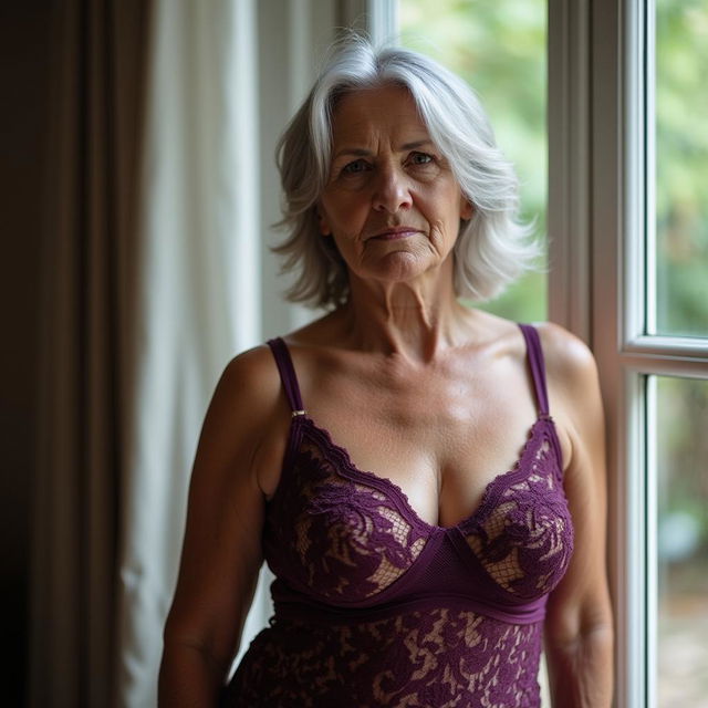 A 70-year-old woman stands elegantly in front of a large window, dressed in very revealing deep plum lace lingerie that beautifully showcases her curvy figure