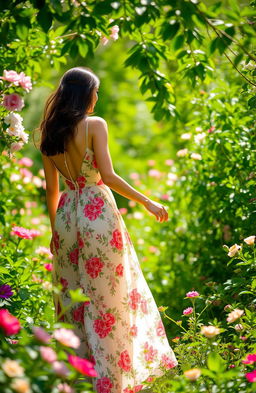 An elegant woman wearing a floral dress, gracefully walking through a lush, vibrant natural setting filled with blooming flowers and green foliage