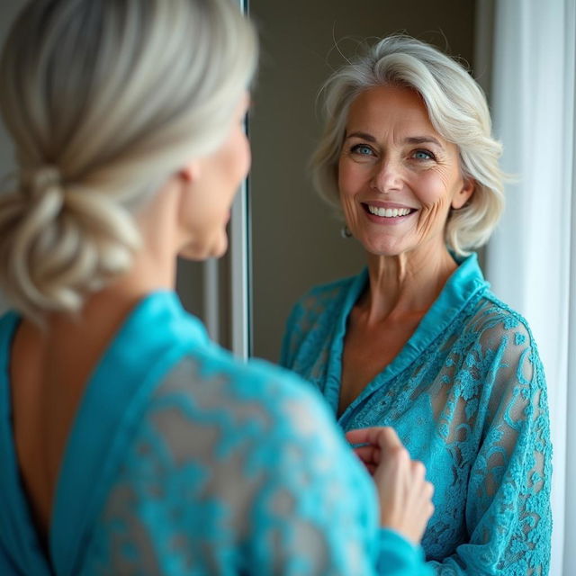 A woman in her late 60s with deep laugh lines stands confidently in front of a full-length mirror, adjusting her very revealing sheer blue lace robe