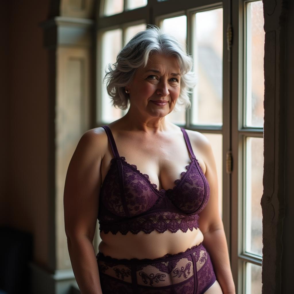 A curvy 60-year-old woman with silver-grey hair and gentle wrinkles stands gracefully in front of an elegant arched window, dressed in alluring dark purple lace lingerie that showcases her strong and full figure