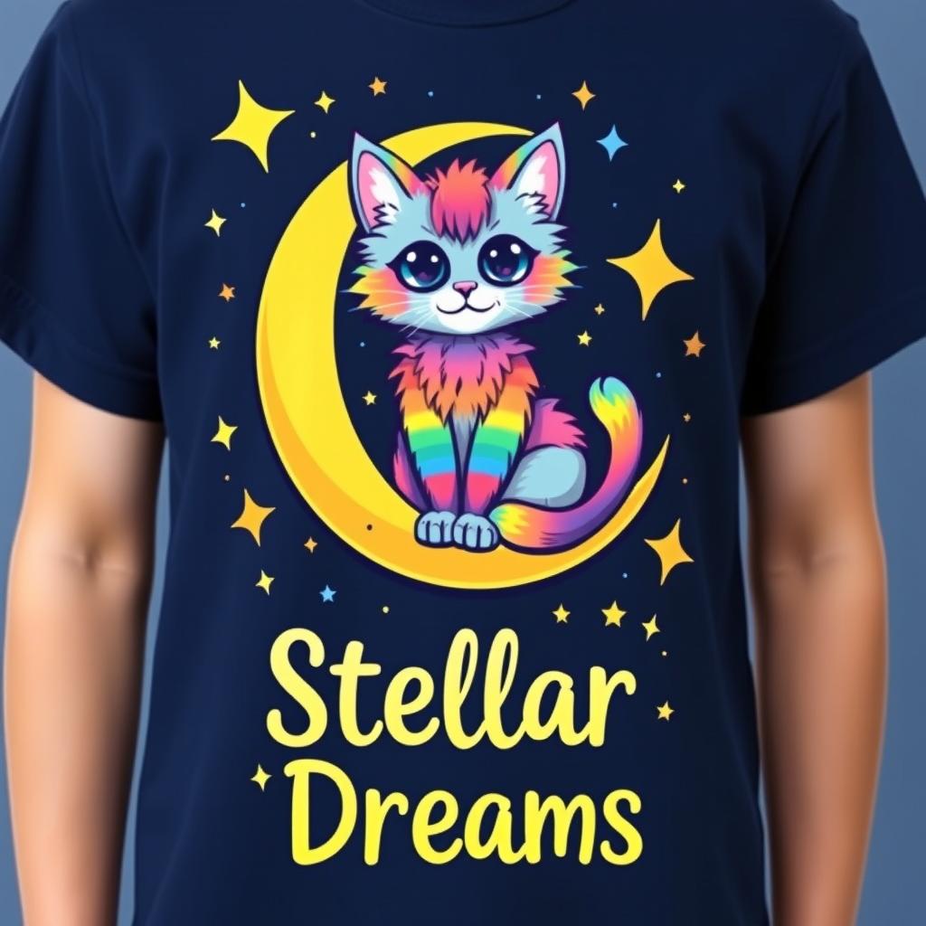 A vibrant and artistic t-shirt design featuring a whimsical rendition of a cosmic cat sitting on a crescent moon surrounded by sparkling stars