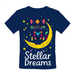A vibrant and artistic t-shirt design featuring a whimsical rendition of a cosmic cat sitting on a crescent moon surrounded by sparkling stars