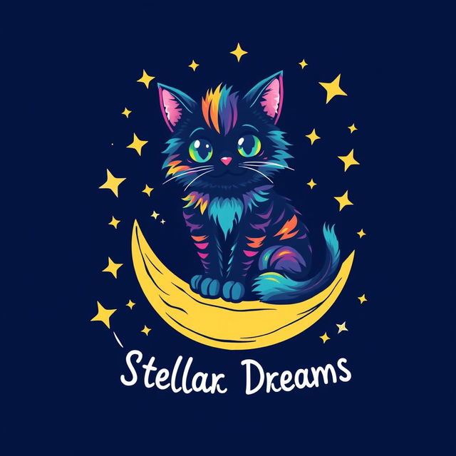 A vibrant and artistic t-shirt design featuring a whimsical rendition of a cosmic cat sitting on a crescent moon surrounded by sparkling stars