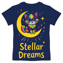 A vibrant and artistic t-shirt design featuring a whimsical rendition of a cosmic cat sitting on a crescent moon surrounded by sparkling stars
