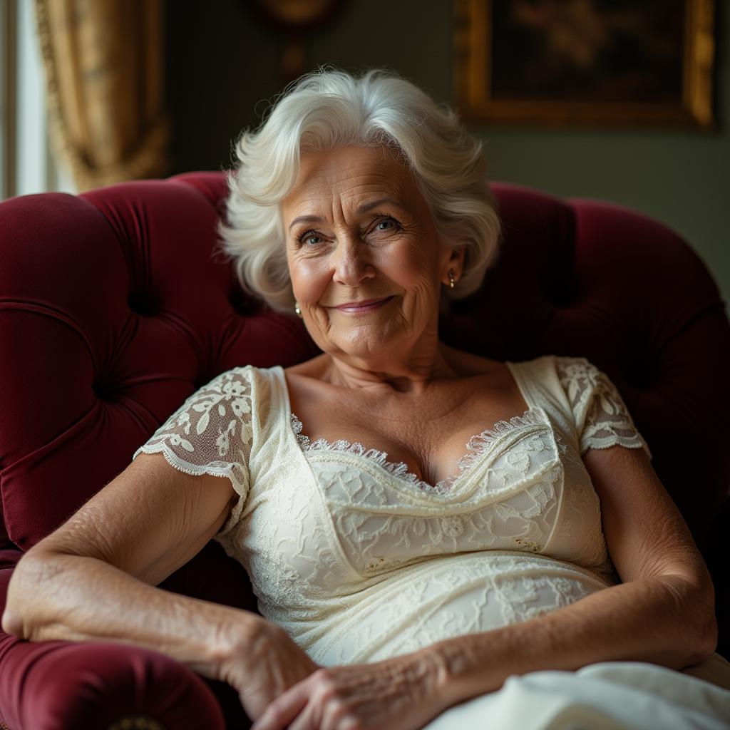 A sophisticated woman in her late 60s lounges gracefully on a luxurious velvet chaise, dressed in elegant ivory lace that delicately highlights her curvy figure