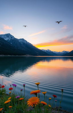 A serene and tranquil landscape featuring a calm lake reflecting the colorful sunset sky