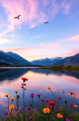 A serene and tranquil landscape featuring a calm lake reflecting the colorful sunset sky