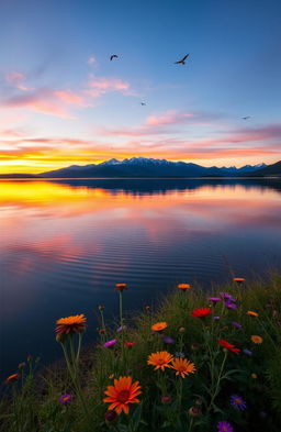 A serene and tranquil landscape featuring a calm lake reflecting the colorful sunset sky