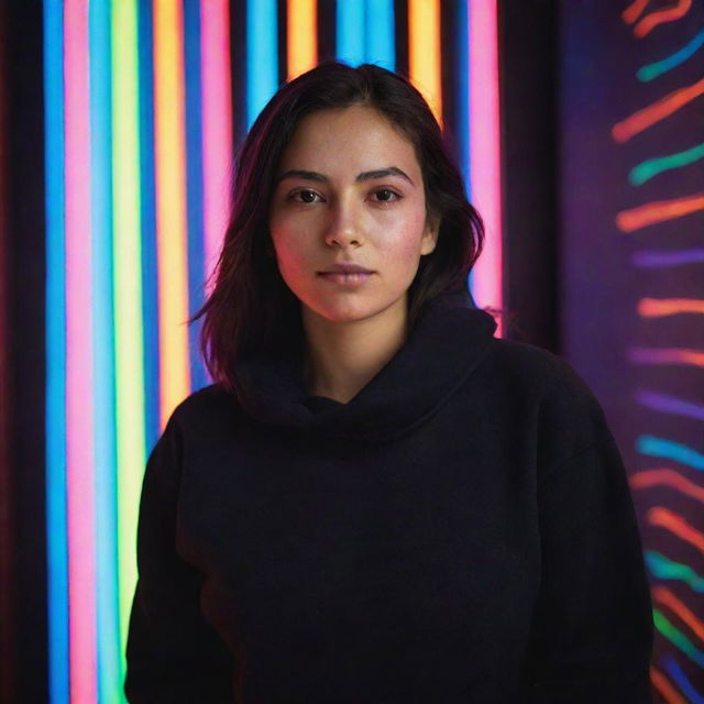 A Mexican woman draped in a black sweatshirt, illuminated by a backdrop filled with radiant neon lights.