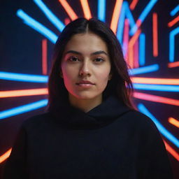 A Mexican woman draped in a black sweatshirt, illuminated by a backdrop filled with radiant neon lights.