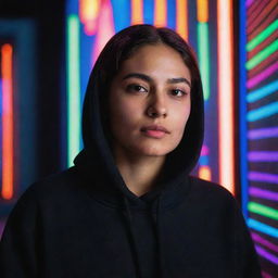 A Mexican woman draped in a black sweatshirt, illuminated by a backdrop filled with radiant neon lights.