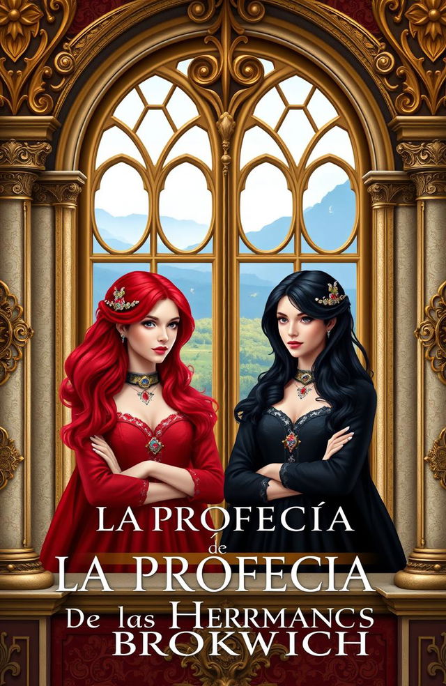 Book cover for 'La Profecía de las Hermanas Brookwich', featuring two twin sisters in a regal, aesthetically royal setting