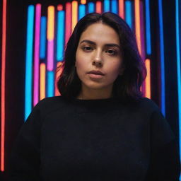 A Mexican woman draped in a black sweatshirt, illuminated by a backdrop filled with radiant neon lights.