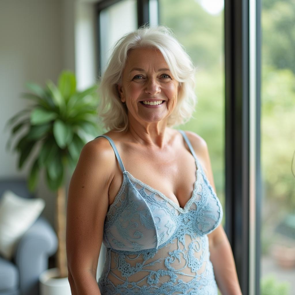 A 60-year-old woman with a radiant smile and deep wrinkles around her eyes stands joyfully in front of a large floor-to-ceiling window, dressed in light blue lace lingerie that gracefully accentuates her curvy figure