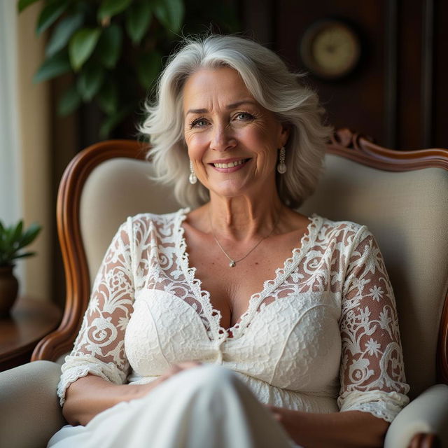 A woman in her 60s with silver hair and pronounced wrinkles lounges comfortably on a plush armchair, elegantly dressed in sophisticated white lace that beautifully accentuates her curvy figure