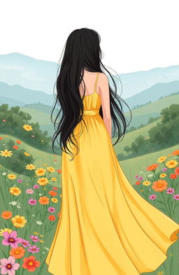 A classy and elegant woman wearing a flowing yellow dress stands with her back to the camera, long black hair cascading down her back