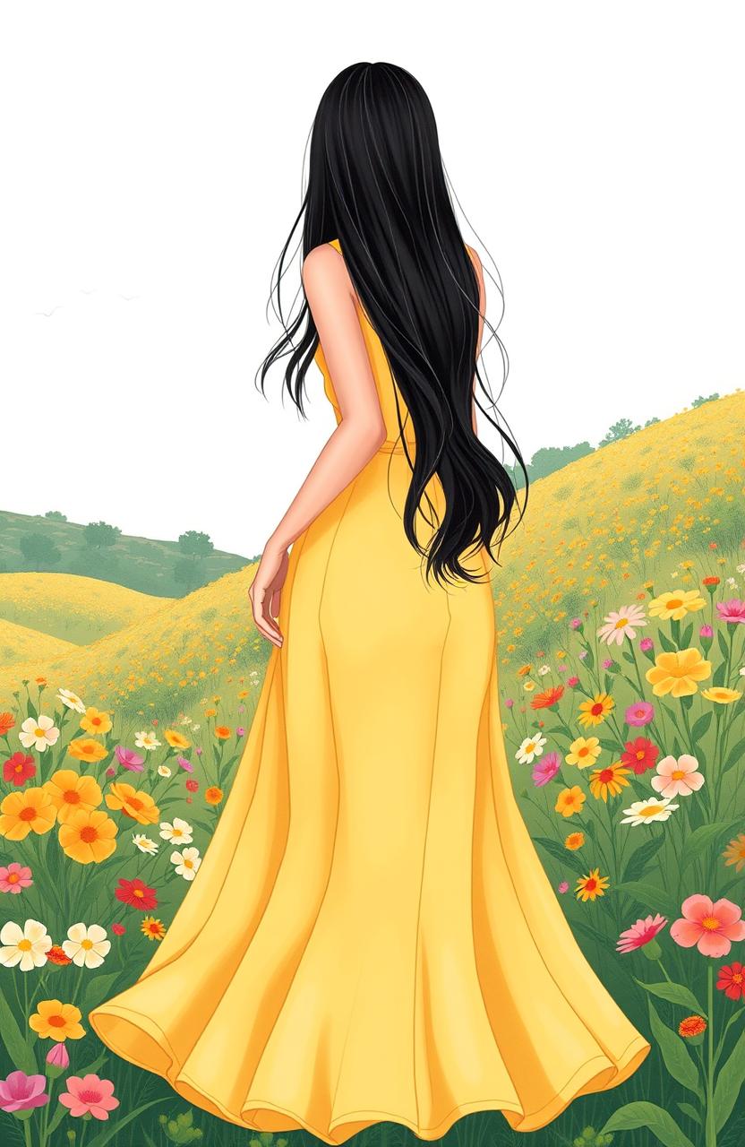 A classy and elegant woman wearing a flowing yellow dress stands with her back to the camera, long black hair cascading down her back