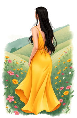 A classy and elegant woman wearing a flowing yellow dress stands with her back to the camera, long black hair cascading down her back