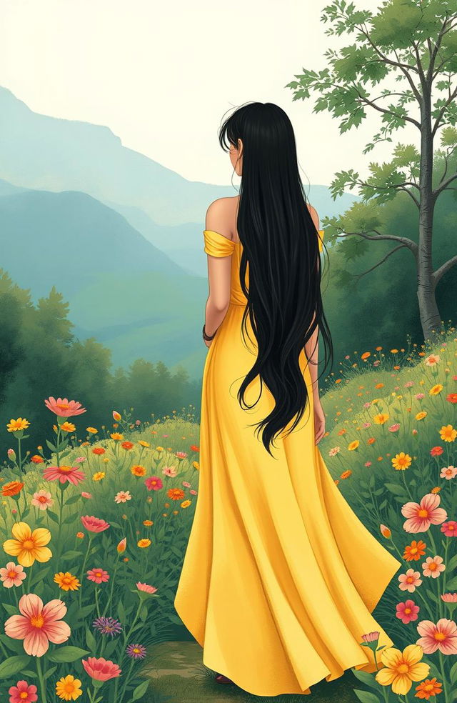 A classy and elegant woman wearing a flowing yellow dress stands with her back to the camera, long black hair cascading down her back