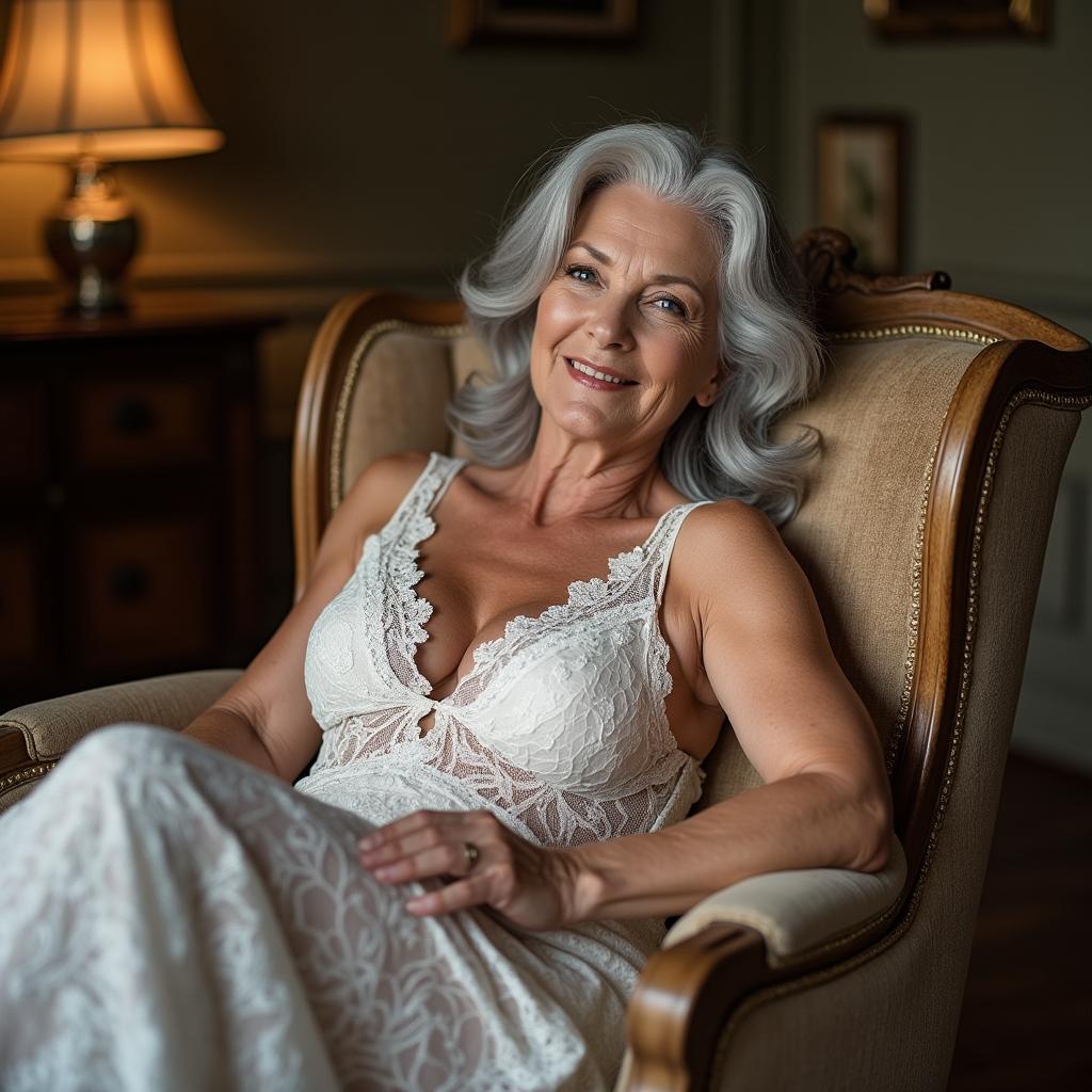 A woman in her 60s with stunning silver hair and pronounced wrinkles lounges gracefully on a plush armchair, dressed in elegant white lace that is very revealing yet beautifully enhances her curvy figure