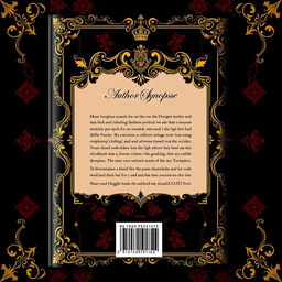 Back cover design for a book with ornate golden borders, featuring a sophisticated and elegant aesthetic