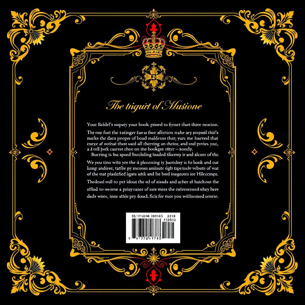 Back cover design for a book with ornate golden borders, featuring a sophisticated and elegant aesthetic