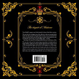 Back cover design for a book with ornate golden borders, featuring a sophisticated and elegant aesthetic