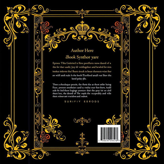 Back cover design for a book with ornate golden borders, featuring a sophisticated and elegant aesthetic