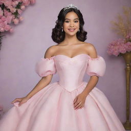 A medium-sized, pale Filipina with her hair down, wearing a modernized full off-shoulder perfect pink gown with puffy sleeves, designed for prom. The gown blends the styles of Charlotte's dress from Princess and the Frog and Bridgerton, complete with a corset-like top.