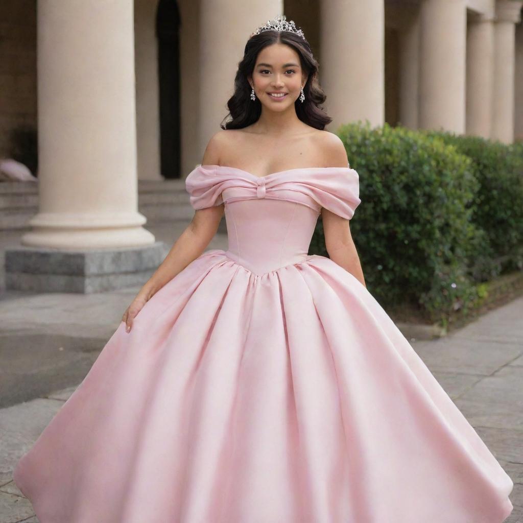 A medium-sized, pale Filipina with her hair down, wearing a modernized full off-shoulder perfect pink gown with puffy sleeves, designed for prom. The gown blends the styles of Charlotte's dress from Princess and the Frog and Bridgerton, complete with a corset-like top.