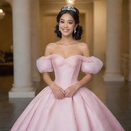 A medium-sized, pale Filipina with her hair down, wearing a modernized full off-shoulder perfect pink gown with puffy sleeves, designed for prom. The gown blends the styles of Charlotte's dress from Princess and the Frog and Bridgerton, complete with a corset-like top.